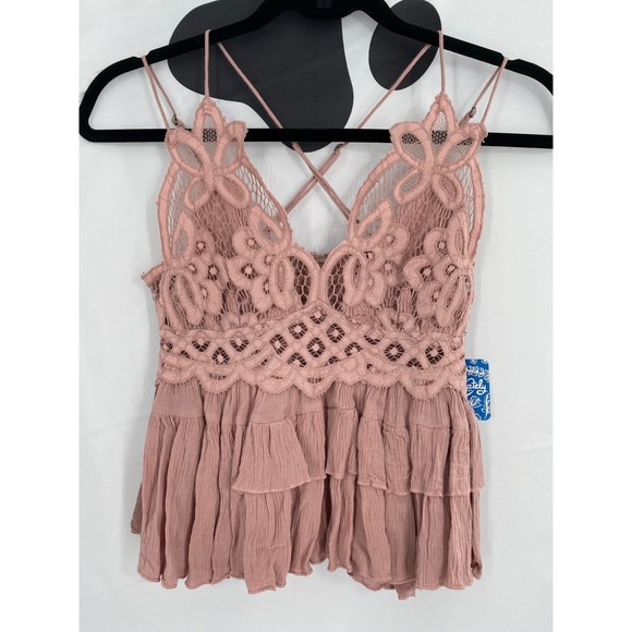 Free People NWT Adella Cami Crochet Lace Spaghetti Strap Top Dusty Mauve XS New - Picture 3 of 9
